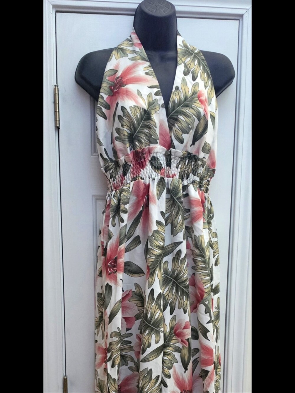 Woman Floral Smocked Waist One-Piece Dress - Pink & Green